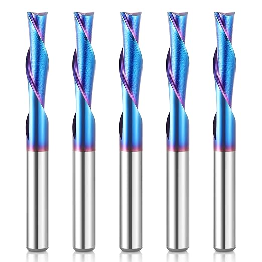 HQMaster Spiral Router Bit Downcut 1/4 Inch Shank Solid Carbide CNC Router Bit with Nano Blue Coating CNC Bits End Mill for Woodwork Mortise Slot Trim, 5 Pack