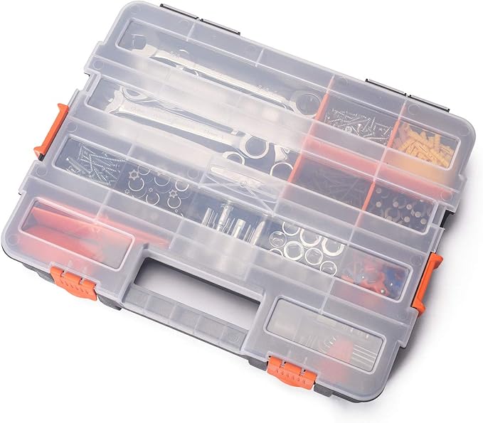Makitoyo Tool Box Organizers, Interlocking Black Small Parts Organizer for Fasteners, Parts and Crafts w/Removable Dividers, 2 Pieces Pack, Black & Orange,15?쒵횞11.6?쓂횞2.6?쒱