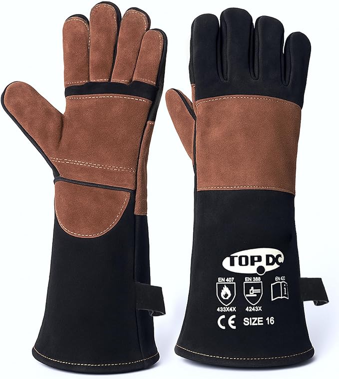 TOPDC Welding Gloves 16Inch 1000?덳eat/Fire Resistant Reinforced Leather Fireproof Gloves with Kevlar Stitching for Mig, Tig, Stick, Forge, BBQ, Grill, Oven, Fireplace, Furnace, Animal Handling, LARGE