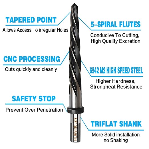 3/8??Bridge Construction Reamer Drill Bit, M2 HSS Taper Chucking Reamer for Steel Alloy Metal Wood Plastic, 3/8" Non-Slip Shank, 5-Spiral Flutes Car Reamer, to Align or Enlarge Holes, 10mm