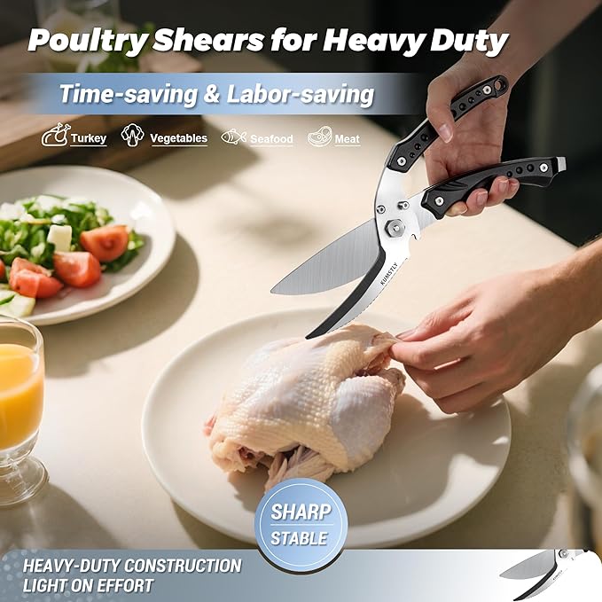 Heavy Duty Poultry Shears Professional Kitchen Scissors for Cutting Chicken, Turkey, Meat, Bones, Vegetables Stainless Steel Spatchcock Shears Multipurpose Food Scissors (Black)