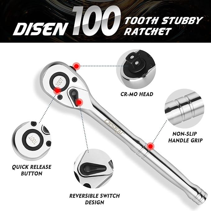 DISEN 3-Piece Standard Ratchet Set ??1/4", 3/8", 1/2" Drive with EVA Storage Tray | 100-Tooth Ratchet, Non-Slip Grip, Quick Release Button | Reversible Design with 3.6째 Swing for Tight Spaces