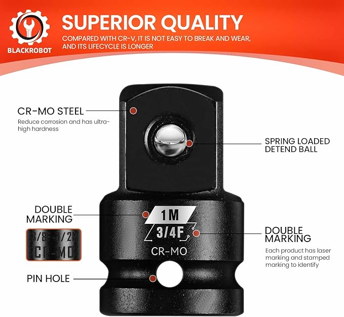 BLACKROBOT 3/4?쒯 To 1?쒶 Impact Socket Adapter, Cr-Mo Steel Exceeds ANSI Standards, Square Drive Reducer for Impact Driver Wrench