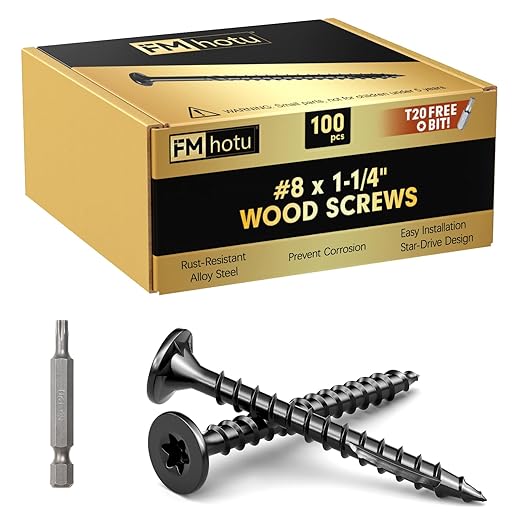 #8 x 1-1/4” Deck Screws, 100Pcs Star Drive Wood Screws, Rust Resistant Timber Screws for Timber/Log/Landscaping Wood, T20 Star Bit Included, Black