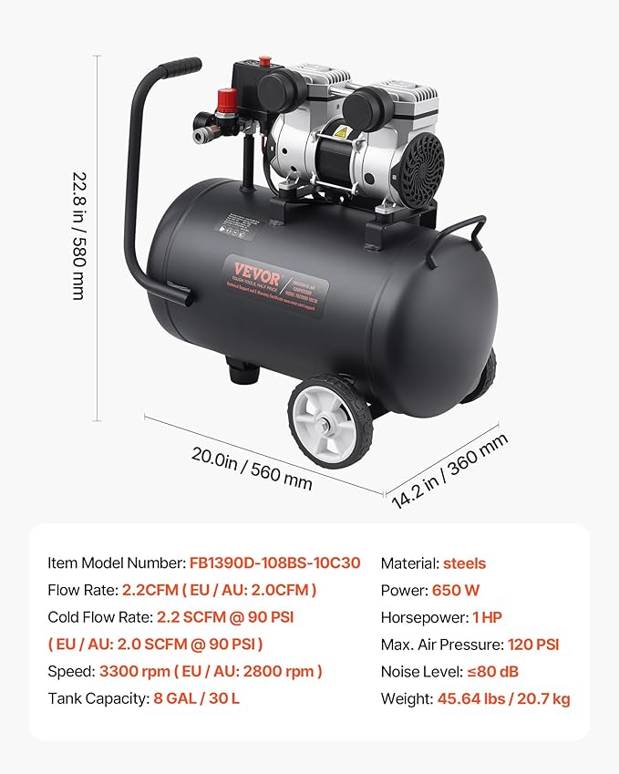 VEVOR Air Compressor, 8 Gallon Steel Tank, 1HP 2.2 CFM@90 PSI Oil Free Air Compressor & Max. 120PSI Pressure, 80dB Ultra Quiet Portable Compressor, for Auto Repair, Tire Inflation, Spray Painting