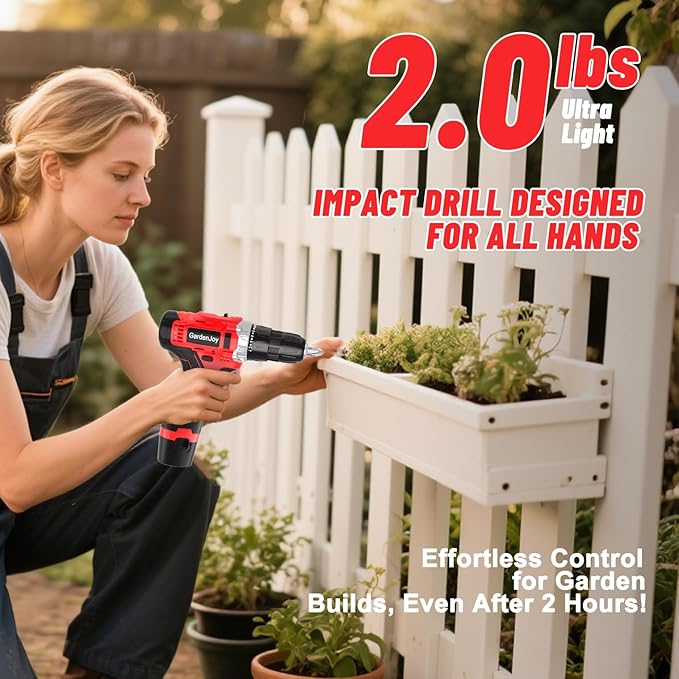 GardenJoy Cordless Power Drill Set: 12V Electric Drill with Battery and Charger, 34pcs Acessories, 3/8"Keyless Chuck, 2 Variable Speed, 24+1 Position, Compact Drill Driver Kit for Home & DIY Project