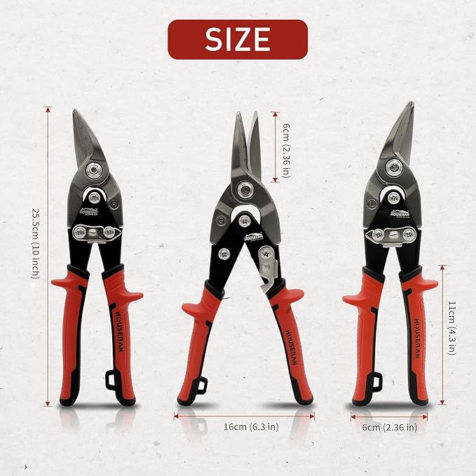 3 Pack Aviation Tin Snips Set, 10 Inch Straight, Left and Right Cut Offset Aviation Snips, Heavy Duty Tin Cutters with Scale Markings, CR-MO Steel Blade, for Cutting Metal Sheet