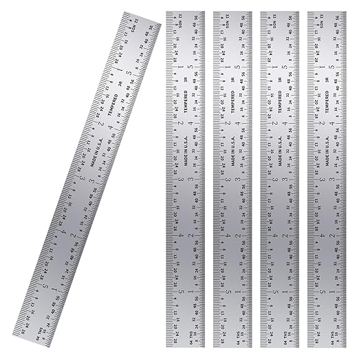 PEC Tools 6" Machinist Metal Ruler (5 Pack), 1/25" Thick X 3/4" Wide,Satin Chrome, High Carbon Steel Ruler Scale with Markings 1/32", 1/64", 1/10", 1/50", Made in USA