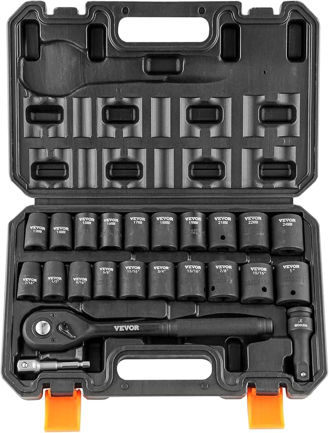 VEVOR 1/2" Drive Impact Socket Set, 23 Piece Socket Set SAE 竊?/16" -1"竊? Metric 竊?3-24mm竊? Point Cr-V Alloy Steel for Auto Repair with Ratchet Handle Rugged Construction Storage Case