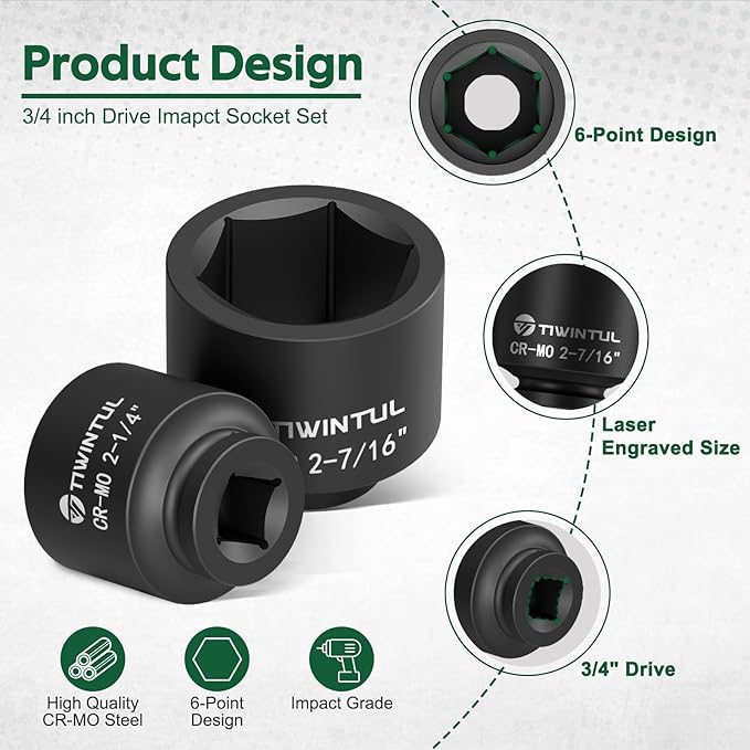 3/4??Drive Impact Socket Set, 14 Pieces Spindle Axle Nut Socket Set, SAE Sizes (1-11/16??to 2-1/2??, 6-Point, CR-MO Steel Large Impact Socket Set with Storage Case for Truck, Railroad, Bridge