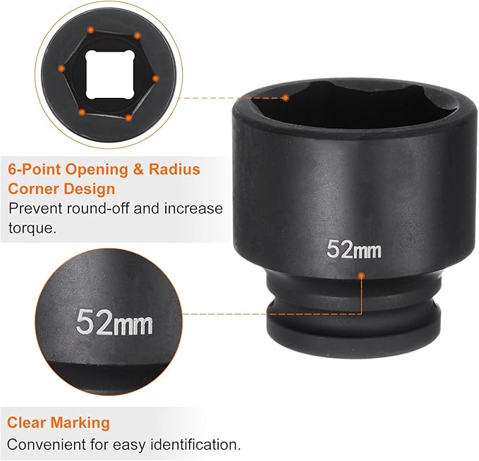 HARFINGTON 6-Point Impact Socket 3/4" Drive 52mm Metric 40Cr Alloy Steel Spindle Axle Nut Impact Socket