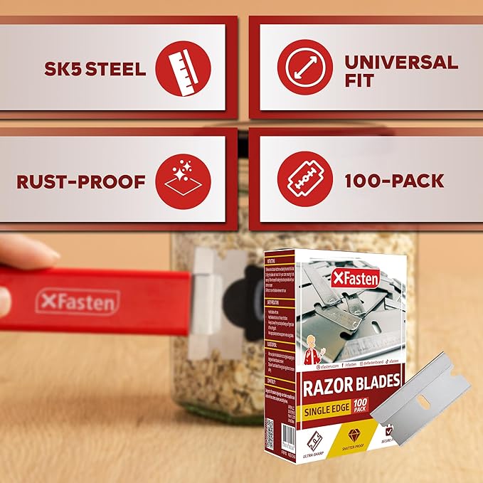XFasten Single Edge Razor Blades for Scraping (100-Pack) Heavy-duty Flat Razor Blade Scraper for Box Cutter Refills Straight High Carbon Steel Replacement Paint Scraper Refill for Utility Box Cutters
