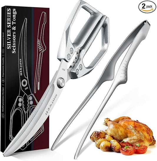HUUSK Kitchen Scissors and Cooking Tong Set - Silver Kitchen Shears for Food with Stainless Steel BBQ Tongs, Japanese Style Dishwasher Safe Meat Scissors for All Purpose, Christmas Gifts for Men Women