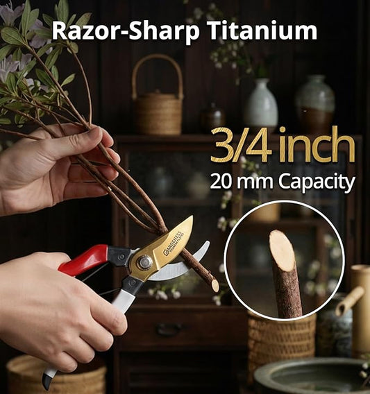 Gardeness Japanese Titanium Pruning Shears, Lightweight SK5 Bypass Garden Secateurs ??Easy-Grip Hand Pruners for Women, Roses, Bonsai, Trimming & Everyday Gardening