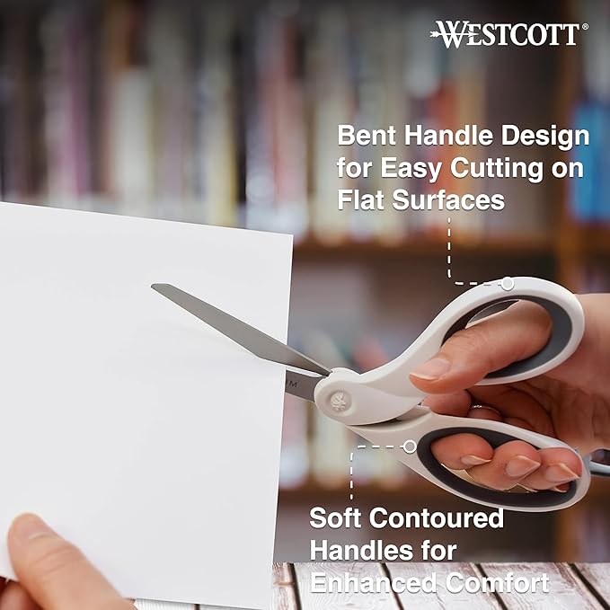 Westcott 8" Bent Craft Scissors with Titanium-Bonded Blades for Heavy-Duty Use (White or Blue, Colors May Vary)