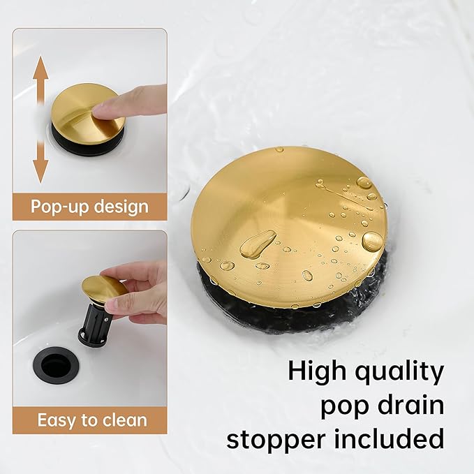 FRANSITON Brushed Gold Waterfall Bathroom Faucet Lavatory Single Handle 1 or 3 Hole Bathroom Sink Faucet with Deck and Pop-up Drain (Brushed Gold, Short)