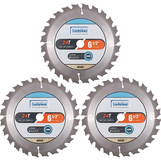 Luckyway 6-1/2 Inch Circular Saw Blade 24T Framing with 5/8 Inch Arbor TCT(Tungsten Carbide Tipped) Saw Blade for Cutting Wood 3-Pack