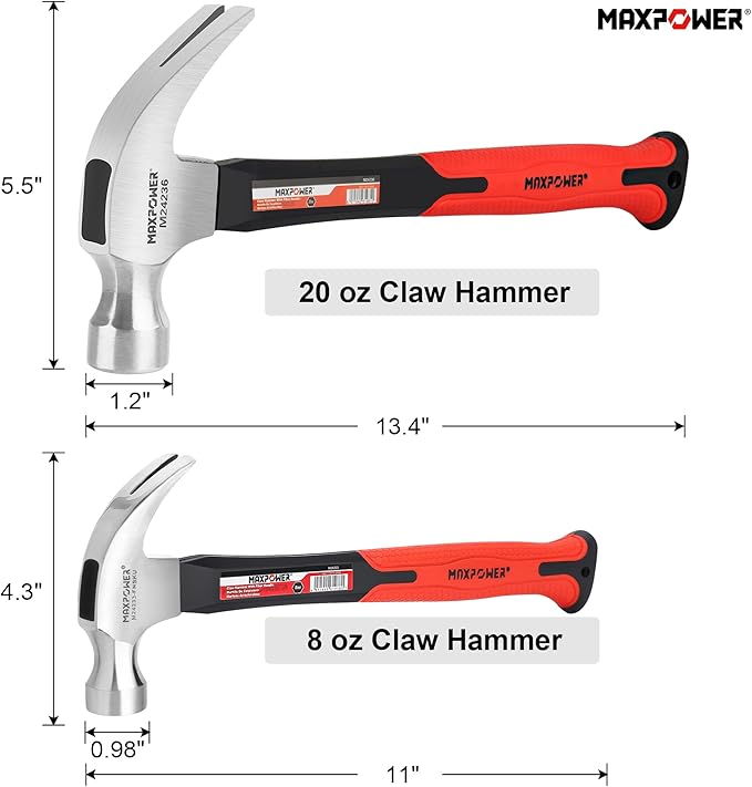 MAXPOWER Hammer Set, 8oz & 20oz Claw Hammers, Polished Alloy Steel Hammer-Head & Fiberglass Handle with Rubber Grip