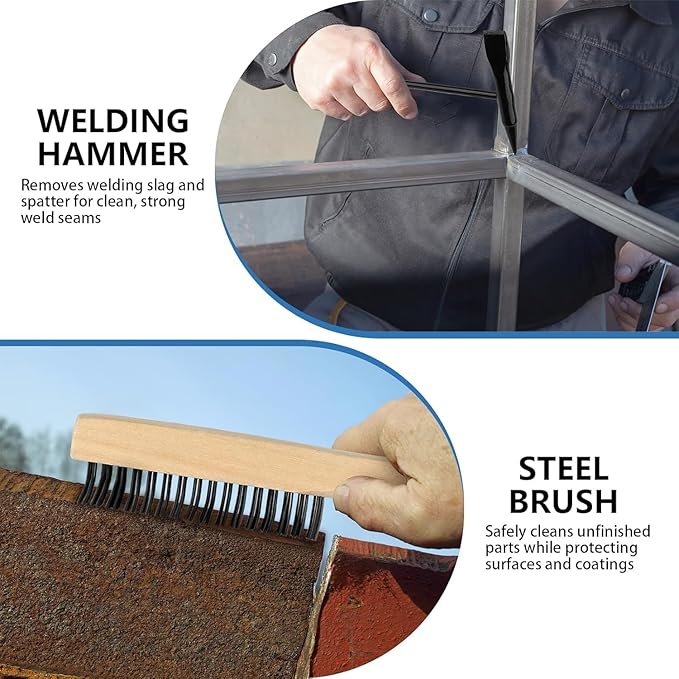 4 Pack Welding Chipping Hammer and Wire Brush Set – 11" Hammer with Coil Spring Handle, Cone and Vertical Chisel and 9.8" Stainless Steel Brush for Slag, Spatter, Residue Removal