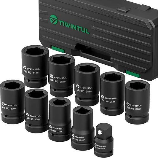 1 Inch Drive Impact Socket Set, 6 Point, Metric,10pcs (27??1mm), 42 CR-MO, Includes 3/4"F x 1"M Adapter & 13/16" Impact Socket, Heavy Duty Large Socket Set for Truck & Equipment Repair
