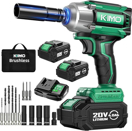 KIMO Impact Wrench 1/2 Cordless, 3000RPM, 9-Piece Drill & Driver Set, 4 Sockets, 406ft-lbs (550N.m) Impact Drill for Car Tires, Safety Lock, 2x4000mAh Battery, Variable Modes Power Smart Impact Wrench