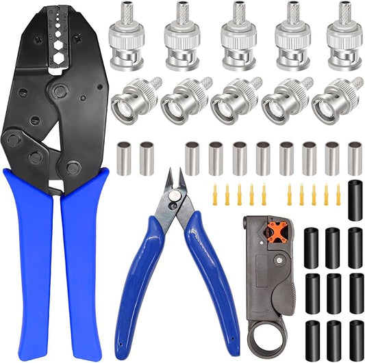 Taiss Coaxial Cable Tool Kit BNC Crimp tool with 10PCS BNC Male Crimp Connector,Coaxial Cable Stripper Cutter,Wire Cable Cutter and Heat Shrink Tube for RG58/RG59/RG62/RG174