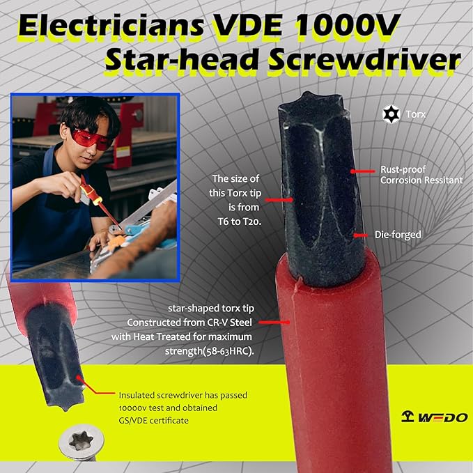 WEDO Insulated Phillips Precision Screwdriver, Professional Phillips Screwdriver, VDE 1000V, Size 3.0횞152mm, PH0*50, CR-V Steel, IEC 60900
