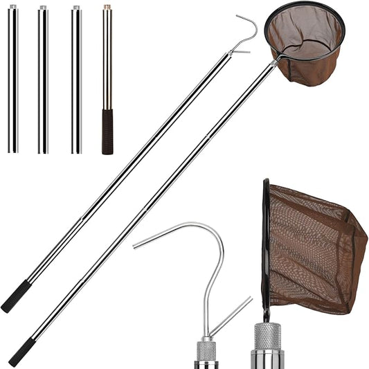 65 Inch Adjustable Pole with Net and Hook Multi-functional Pole Net Hook Tool Pool Skimmer Pole Net and Sturdy Truck Cargo Retrieval Pole Combo for Pool, Pond, Hanging and Removing Heavy Items