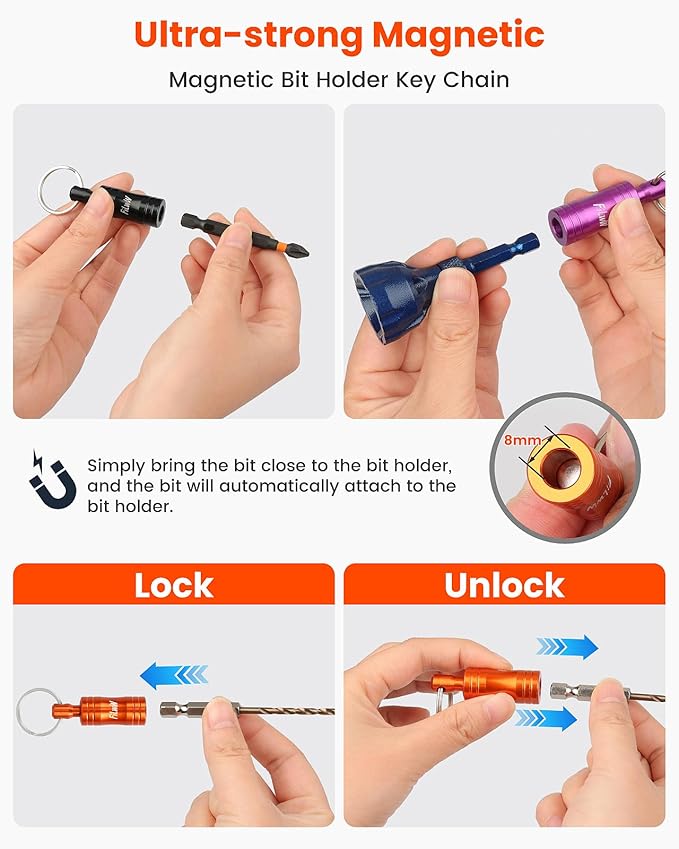 Magnetic Bit Holder Key Chain 5Pcs, Quick Release Aluminum Alloy Bit Holder For Nut Driver, Screwdriver, 1/4" Hex Shank & Round Shank Drill Bits, Christmas Gift for Men