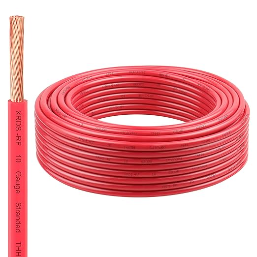XRDS -RF 10 Gauge THHN Wire, 50FT Red Stranded Copper Electrical Wire, 600V, Heat & Oil Resistant, Nylon Sheath Building Wire for Indoor/Outdoor Use