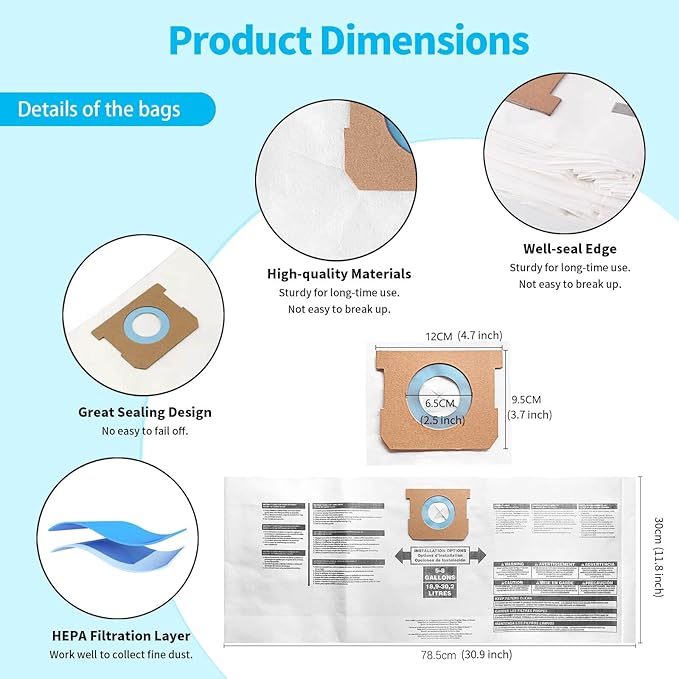 10 Packs High Efficiency Dust Collection Bag Type H 9067133 Disposable Vacuum Bags for 5-8 Gallon Vacuum, Part #90671