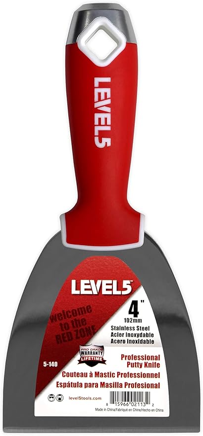 4" Soft-Grip Stainless Steel Drywall Joint Knife - LEVEL5 | Pro-Grade | Comfortable Finishing Hand Tool | Metal Hammer End | Sheetrock Gyprock Plasterboard Mud | 5-140