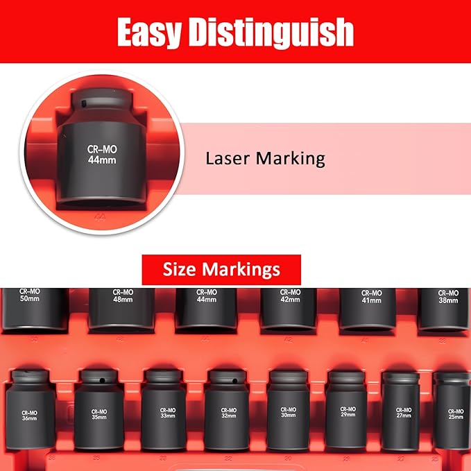 3/4 Inch Drive Deep Impact Socket Set,6-Point, Metric Sizes(25-50mm),14 PCS,Cr-Mo Steel,Heavy Duty Impact Sockets for Automotive & Industrial Machinery,With a Storage Case