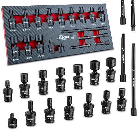 1/4" Drive Universal Impact Socket Set, 18 Piece Swivel Socket Set, Universal Joint Wobble Socket 6-Point, Metric, 5-15mm, Cr-Mo, with Extension Bars, Socket Adapter, Drill Bit Adapter