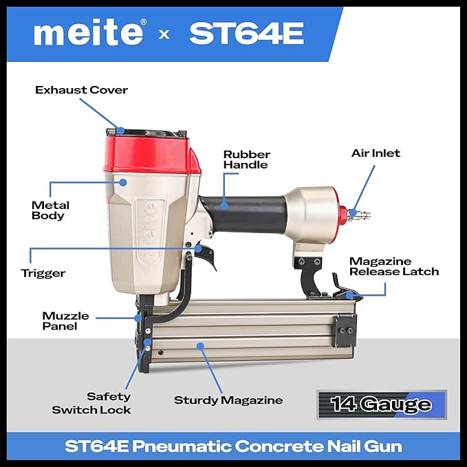 meite ST64E Concrete Nail Gun Heavy Duty Pneumatic Concrete T-Nailer Gun for Plywood/Decking/Furring, 100PCS Magazine, Accepts 3/4'' to 2-1/2''