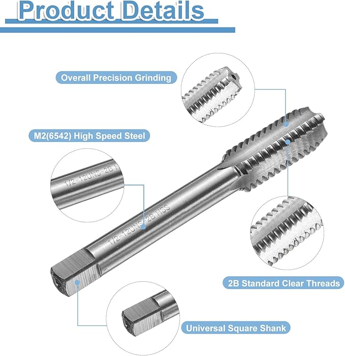uxcell Hand Bottom Tap 1/2-12 UNS 2B Thread Bottoming Style Threading Taps High Speed Steel HSS6542 Straight Flutes Screw Tapping Tool