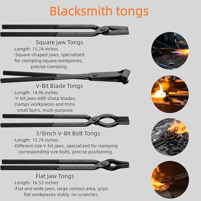 5PCS Blacksmith Tools with Blacksmith Tongs and Blacksmith Hammer,3/8inch V-Bit Bolt,V-Bit Blade,Flat Jaw,Square Jaw, and Assembled Blacksmithing Tongs for Forging Tools and Equipment