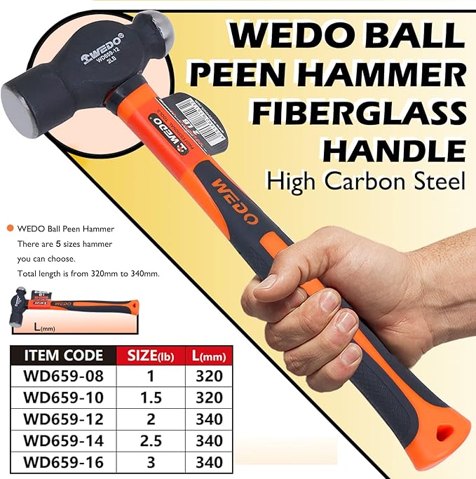 WEDO Ball Peen Hammer, Ball Pein Hammer with Fiberglass Handles 16oz(1 lb), High Carbon Steel,Shock Resistant, Non-Slip Handle, Die-forged, Strong Torque, DURABLE, 320mm Length