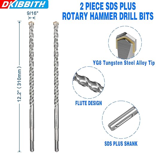 2-Pack SDS Plus Masonry Drill Bits 9/16 Inch x 12 Inch Long Rotary Hammer Drill Bits Carbide Tipped for Concrete Brick Cement Stone Block.