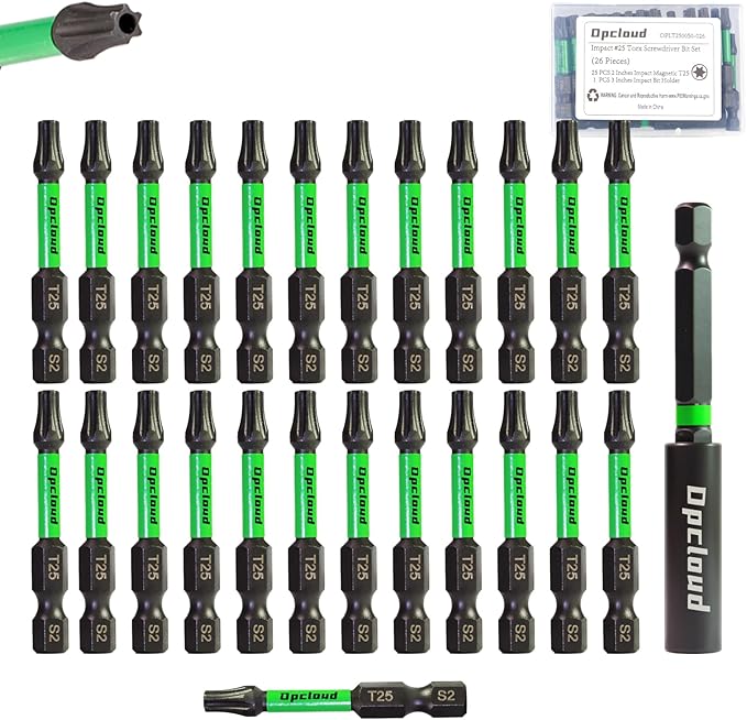 T25 Impact Screwdriver Bit Set, 26 Pieces 2?쒾2 Steel Magnetic Security #25 Torx Tips Driver Power Bit Set with Extension Impact Bit Holder
