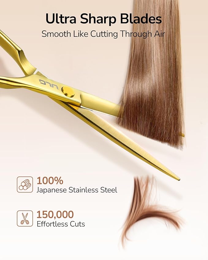 ULG Professional Hair Cutting Scissors 6.5 Inch ??Sharp Barber Shears, Stainless Steel Symmetrical Salon Haircut Scissors for Women, Men, Kids, Gloss Paint Finish, Golden