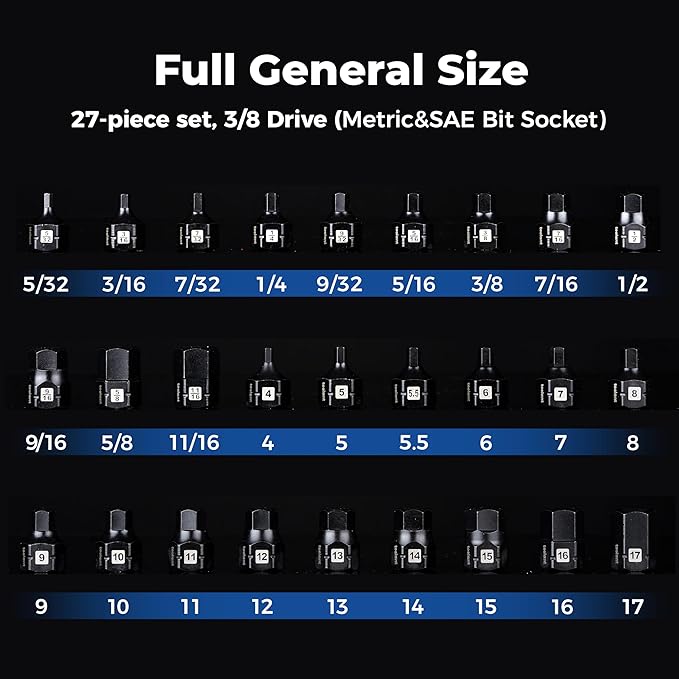 toolant 3/8"drive impact hex bit socket set 27PCS,Hex Drive, SAE/Metric, 5/32"-11/16",4mm-17mm, S2 Steel Air Drive Allen Socket set,Impact Grade竊똀nti-Roll Design