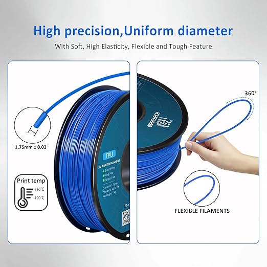 Geeetech TPU Filament 1.75mm ??95A Flexible 3D Printer Filament with High Elasticity, 1KG (2.2lbs) Spool, Dimensional Accuracy 짹0.03mm, Fits Most FDM Printers, Blue