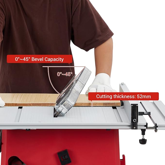 Table Saw, 10 in 15A Multifunctional Saw With Stand & Push Stick, 90° Cross Cut & 0-45° Bevel Cut, 5000RPM, Adjustable Blade Height for Woodworking, Red