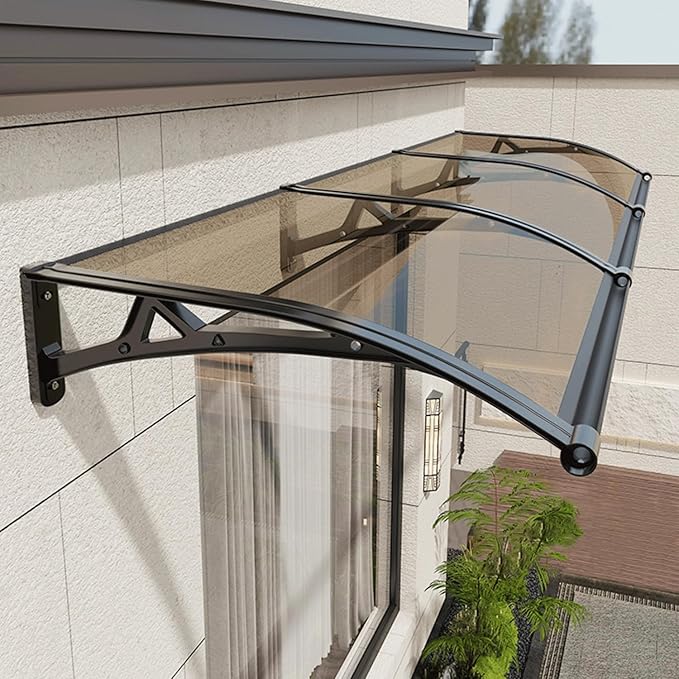 Awning for Door Entrance, Window Awnings Exterior with Aluminum Bracket, UV, Rain & Snow Protection, Durable Polycarbonate Canopy for Entrance, Balcony, Garage, Brown 60x100cm/24x39in