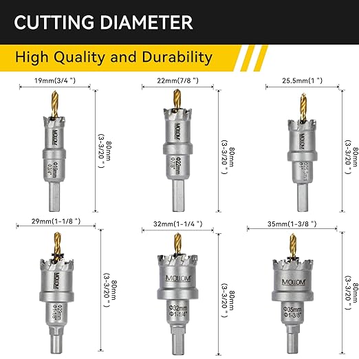 Mollom 6Pcs Hole Saw (19-35mm) TCT Carbide Hole Saw Kit for Hard Metal, Extra 2xTitanium & 1xStepped Pilot Drill bits and 2Pcs Hex Key for Stainless Steel, Iron,Aluminum,Alloy,Metal
