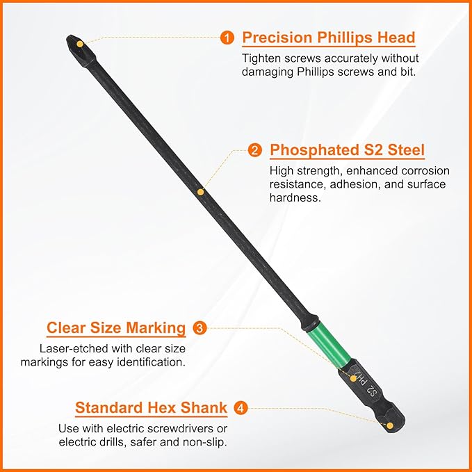 HARFINGTON 3pcs #2 Impact Phillips Screwdriver Bit PH2 1/4" Hex Shank 6" (150mm) Long 0.14" Rod Magnetic Cross Head Drill Bits S2 Steel Industrial Screw Driver for Impact Power Drivers
