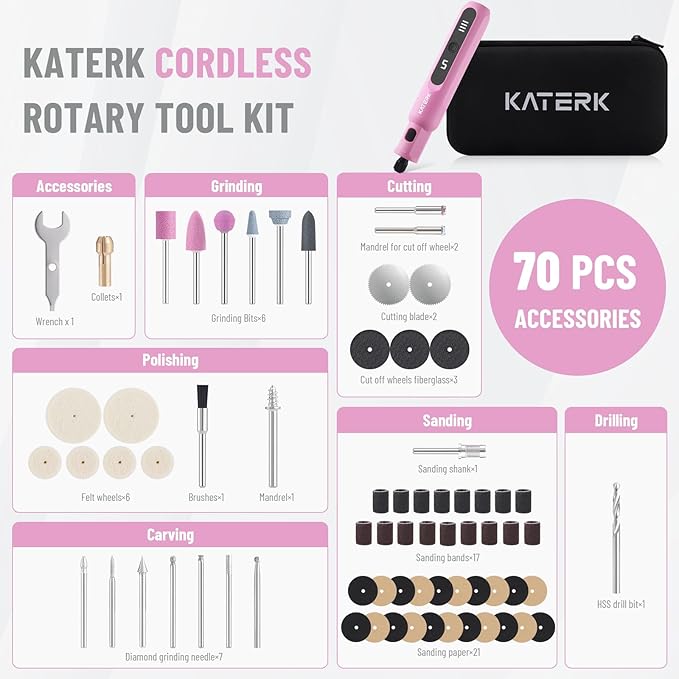 Katerk Mini Cordless Rotary Tool, 5-Speed Rotary Tool Kit, 5000-20000RPM & 70 Accessories, Multi-Purpose 3.7V Power Rotary Tool for Sanding, Engraving, Polishing, Drilling, 3D Printing, DIY Crafts
