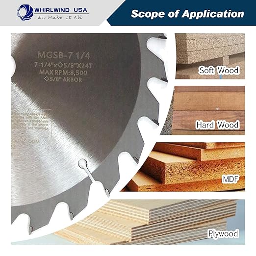 MGSB 7 1/4 Inch 24 Teeth Circular Saw Blade for Wood,Carbide Cordless Miter/Table Saw Blade,5/8" Arbor