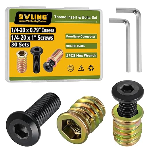 Threaded Inserts and Bolts Set, 30 Sets, 1/4-20 x 20mm Threaded Inserts for Wood, 1/4-20 x 1 Furniture Screws, 1/4 Bolt Flat Head 304 Stainless Steel, Hex Socket Drive, with 2Pcs Hex Wrench